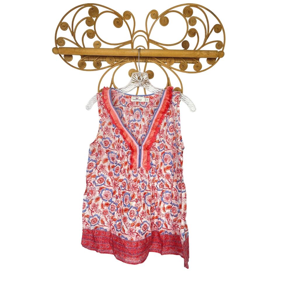 VINEYARD VINES Block Print Floral Pintuck Top In Papaya Punch XS